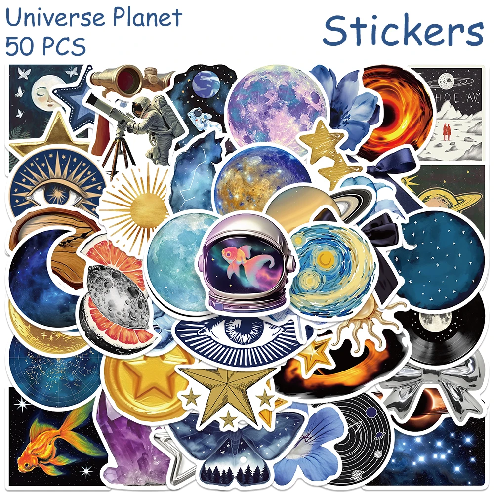 50pcs Universe Planet Sun Star Stickers Decals For Phone Scrapbook Skateboard Helmet DIY Aesthetic Stickers Creative Gifts