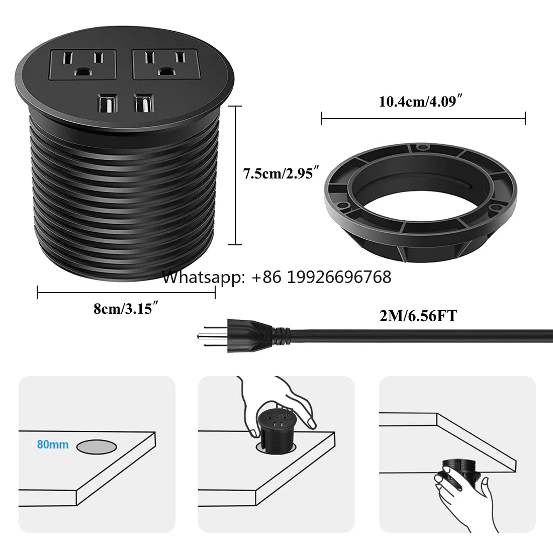 

US Round Desk Power Grommet USB Socket with 2 AC Outlet 2 USB /Desk Hole 3.15 Inch(80mm) Recessed Power Outlet USB Grommet facto