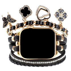 Women Leather Bracelet Band for Apple Watch 40/41/42/44/45/46 mm Metal with Pendant strap for iwatch Series 10 Ultra 9 8 7 6 5 4