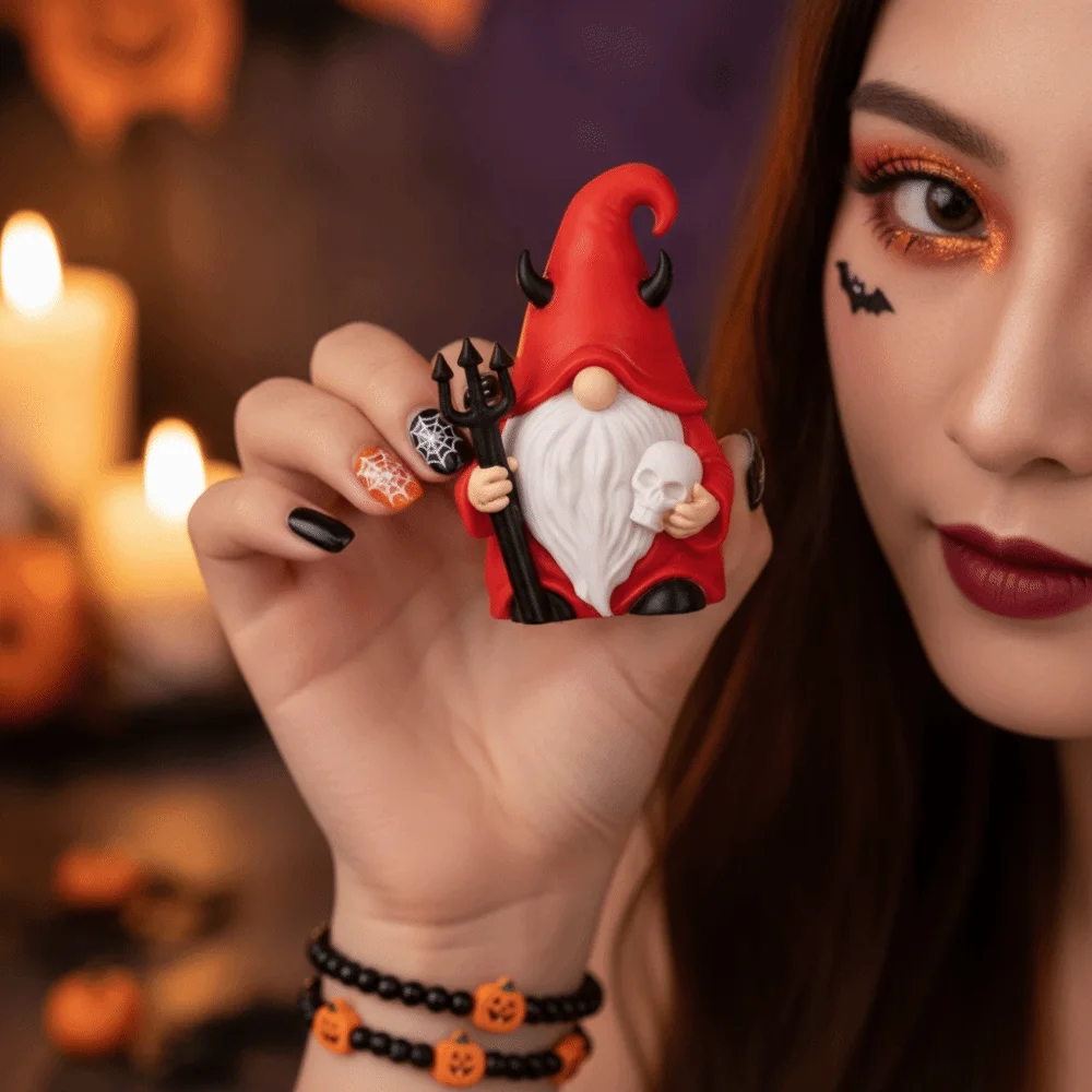 Gothic Tabletop Red Robe Red Gnome Holding Trident Black Horns Halloween Figurine White Beard PLA Skull Miniature Fairy Garden