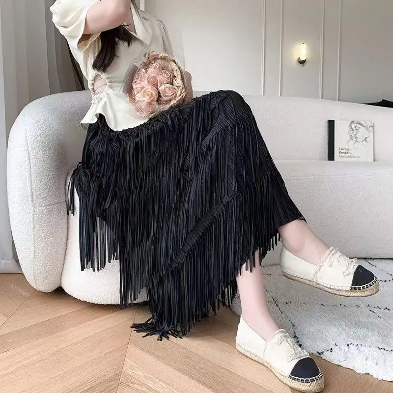 Women's Long Tassel Skirt, High Waisted, Slim, Korean Fashion, Monochromatic, Champagne, Black Midi Skirts for Women, Summer2024