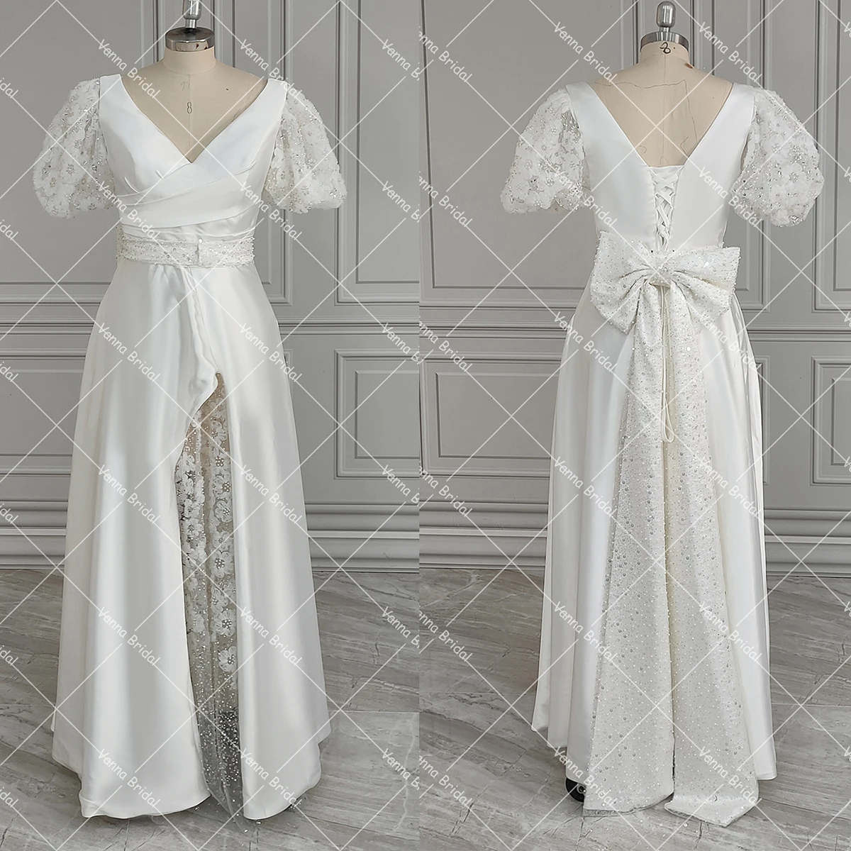 Maßgeschneidertes, mit Perlen verziertes, luxuriöses Hochzeitskleid, kurze Puffärmel, Korsett, Surplice, V-Ausschnitt, echtes Foto, hoher Schlitz, abnehmbare Schleife, Brautkleid