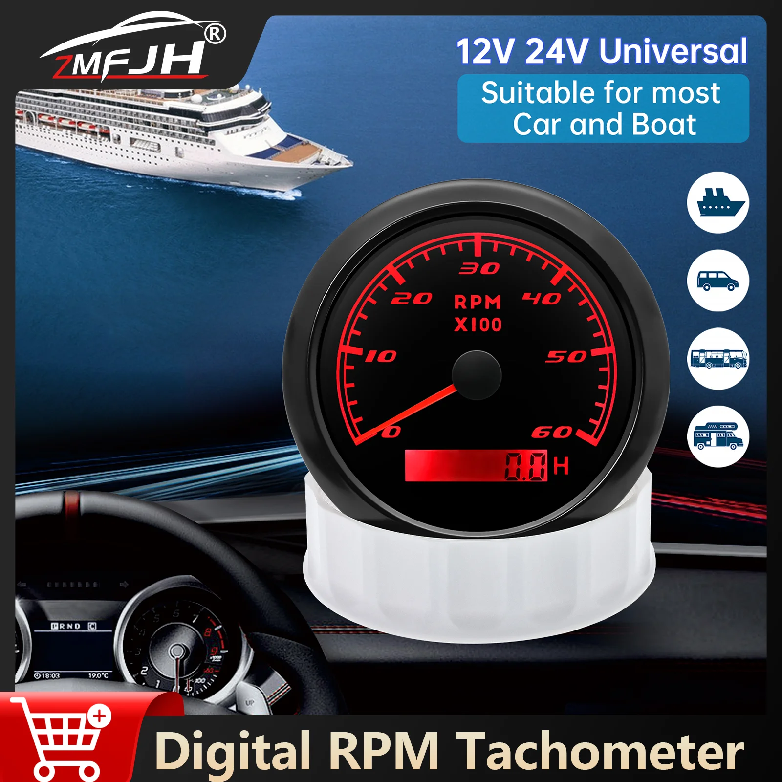 

85mm Car Boat Tachometer With Hourmeter RPM Gauge Sensor 3000/4000/6000/7000/8000RPM Tacho Meter Gauge Accessories 12V 24V