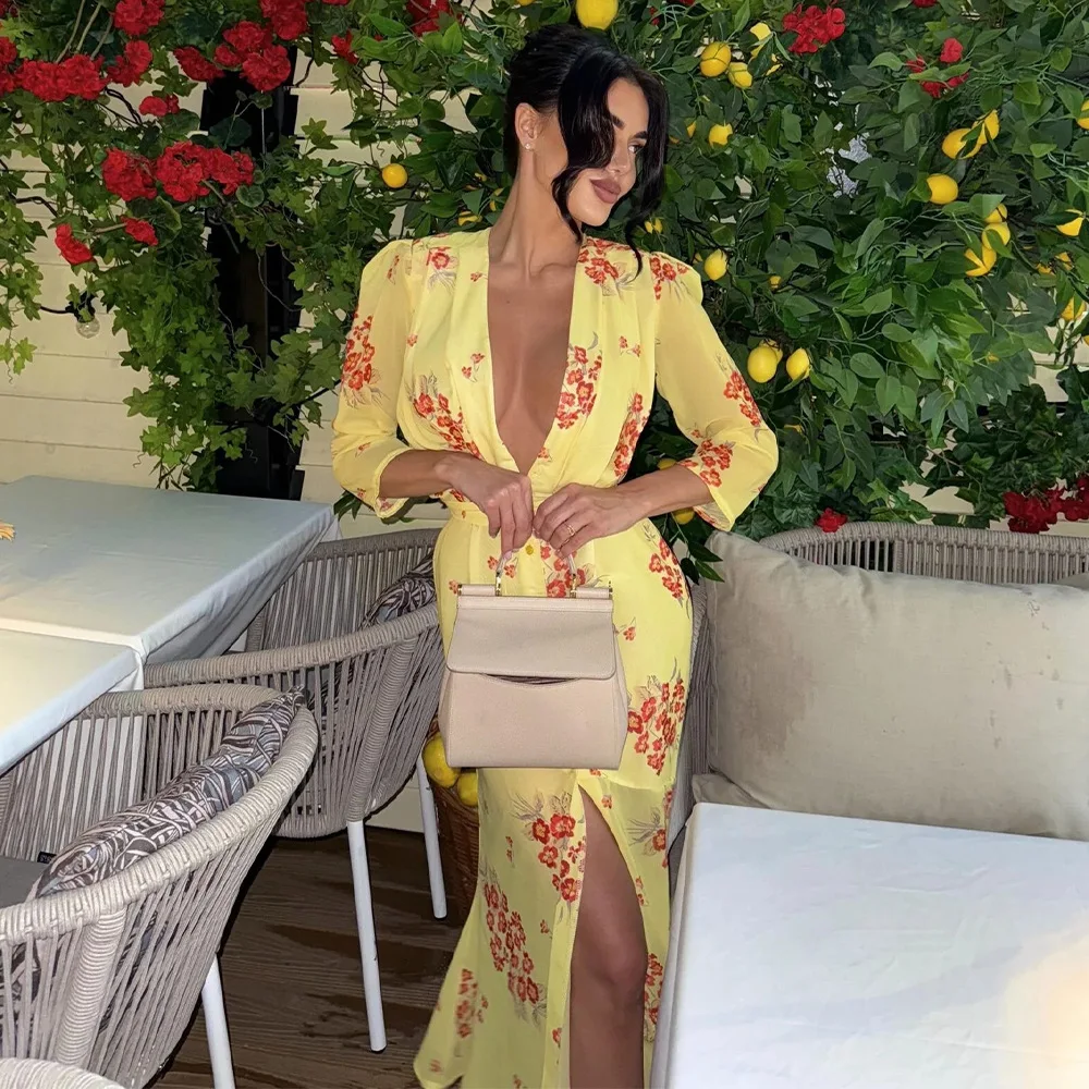 عميق الخامس الرقبة طباعة فستان ماكسي مثير للنساء سليم الفخذ سبليت عالية الخصر أنيقة موضة فستان مناسبات الإناث فيستدو