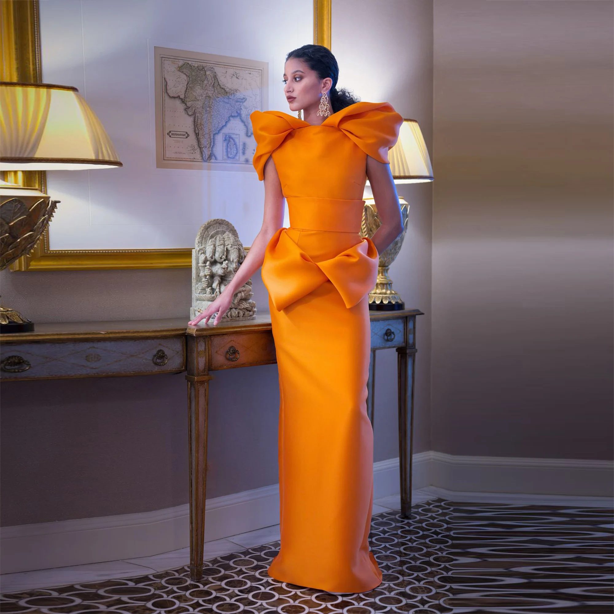 Orange Satin Sheath Evening Gowns Ruched Satin Floor Length Prom Dress Saudi Arabia Women Formal Occasion Party Dress