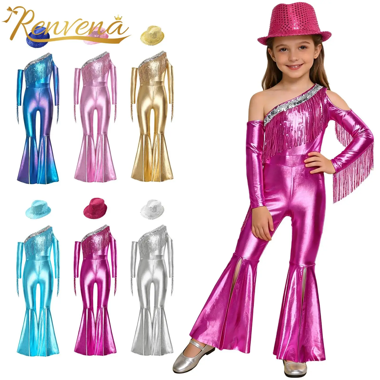 

Children Sequin Cowgirl 70s Disco Outfits Girl's Tassel Jumpsuit + Fedora Hat Metallic Hippie Dance Costume Hiphop Party Rompers