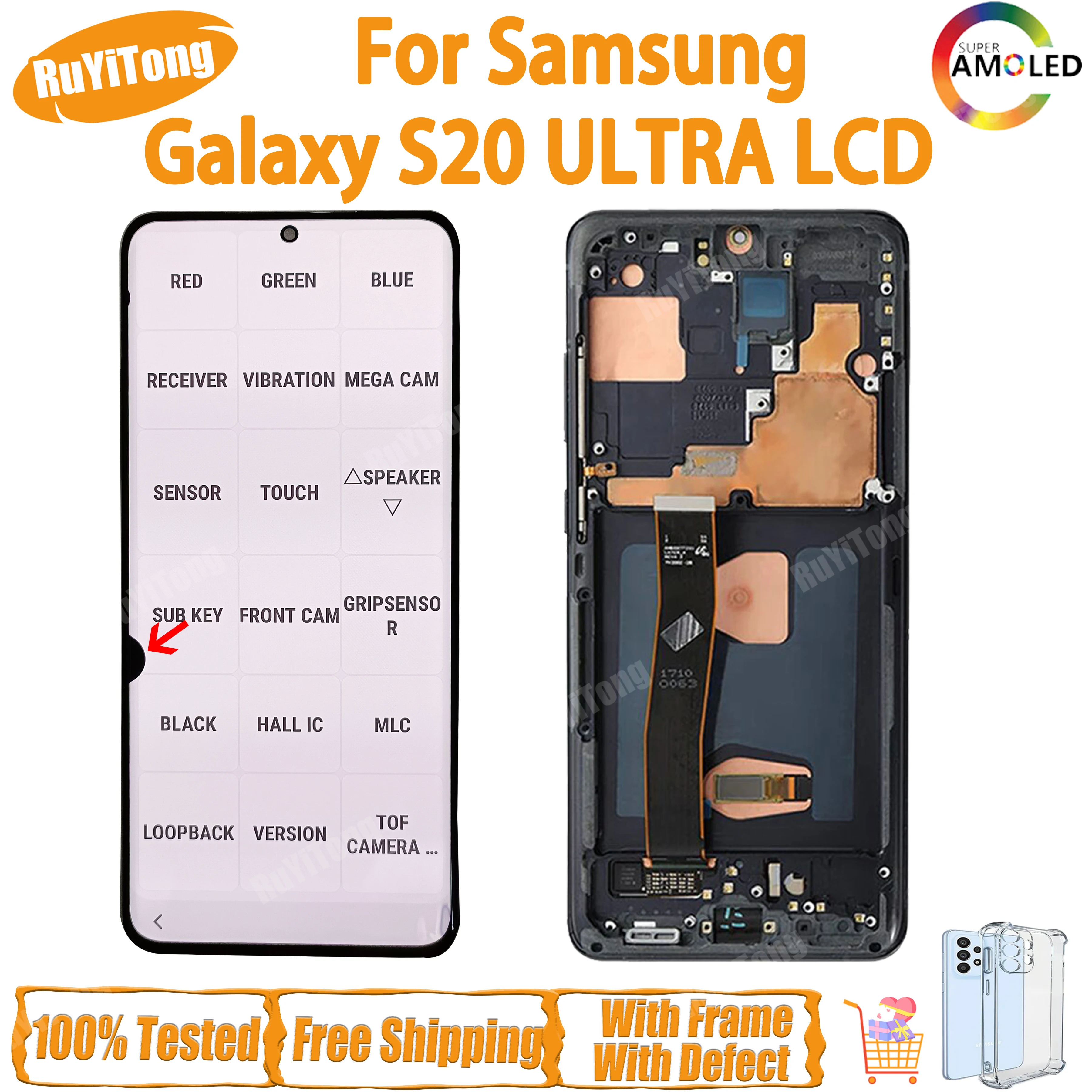 

6.9" Super AMOLED Display For Samsung Galaxy S20 Ultra G988f Sm-g988b/ds Lcd Display Touch S20ultra Screen Digitizer, With Frame