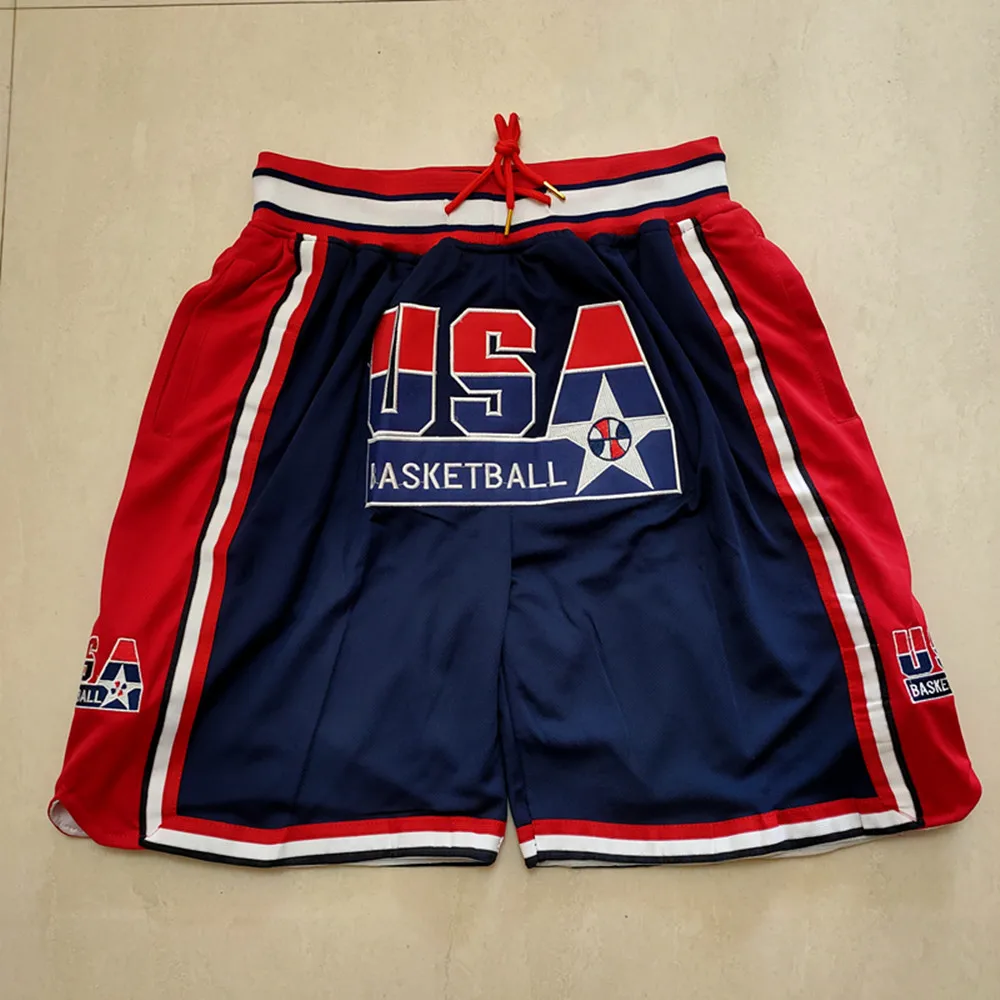 Men Basketball shorts 1992 USA Four pockets Sewing embroidery outdoor sport Beach pants ventilation White Blue 2024