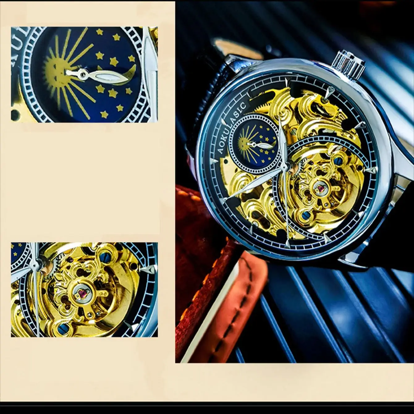 AOKULASIC Vintage Tourbillon Mechanical Watches Luxury Brand Moon Phase Gold Skeleton Automatic Watch for Men Leather Strap 2024