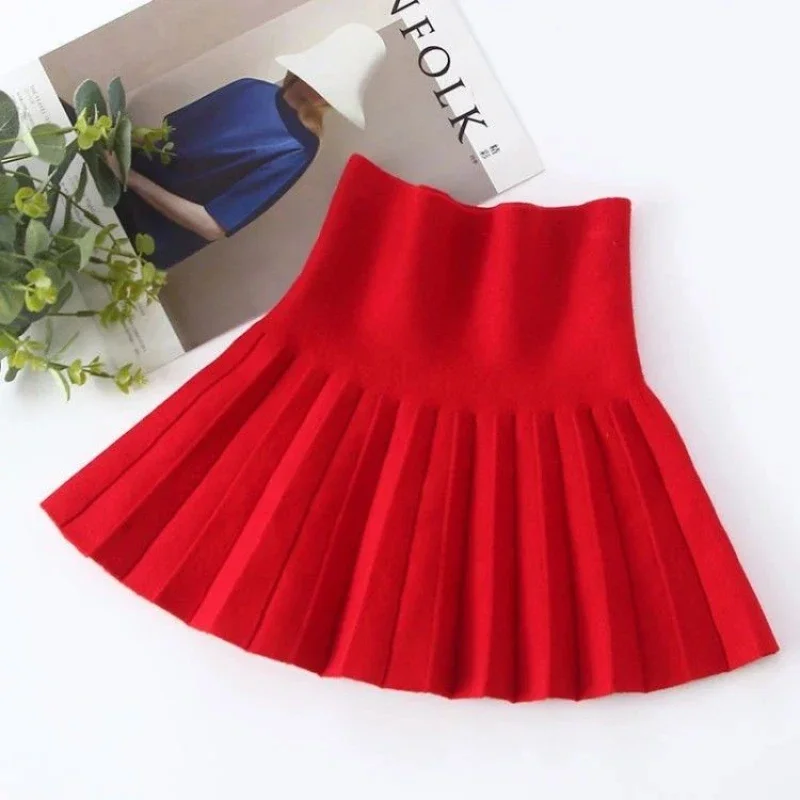 Kids Girls Knitted Skirts Cotton High Waist Skirts Children Autumn Winter Pleated Skirts Korean Style Black Gray Red Skirt