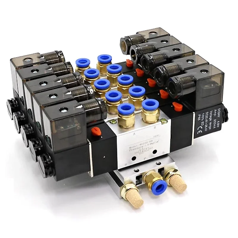 2 - 5 Row Pneumatic 5 Way Double Solenoid Valve Block 4V220-08 Plate With Fitting Manifold 12V DC 24V AC 110V 220V 5/2 24VDC