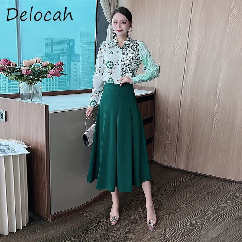 

Deloach Fashion Women's Collar Single Breasted Green Printed Long sleeved Shirt Top High Waist Green Wide Swing Skirt Set