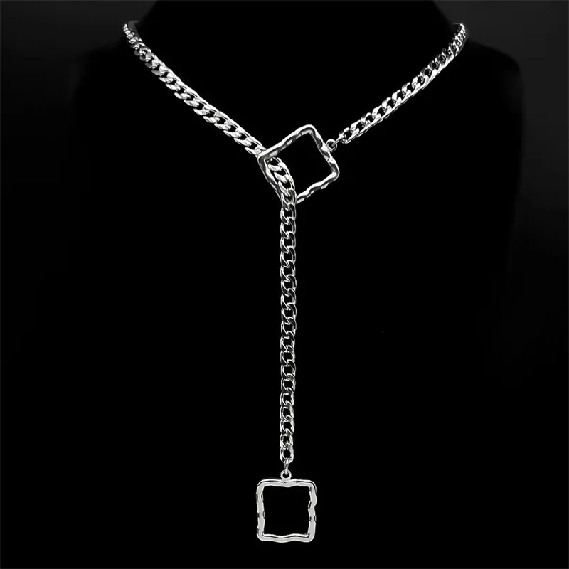 Quadratische O-Ring-Kette für Damen und Herren, Punk-Rock-Halskette, Edelstahl, herzförmige lange Halsketten, verstellbare Y-Halskette, Schmuck – Detail 8