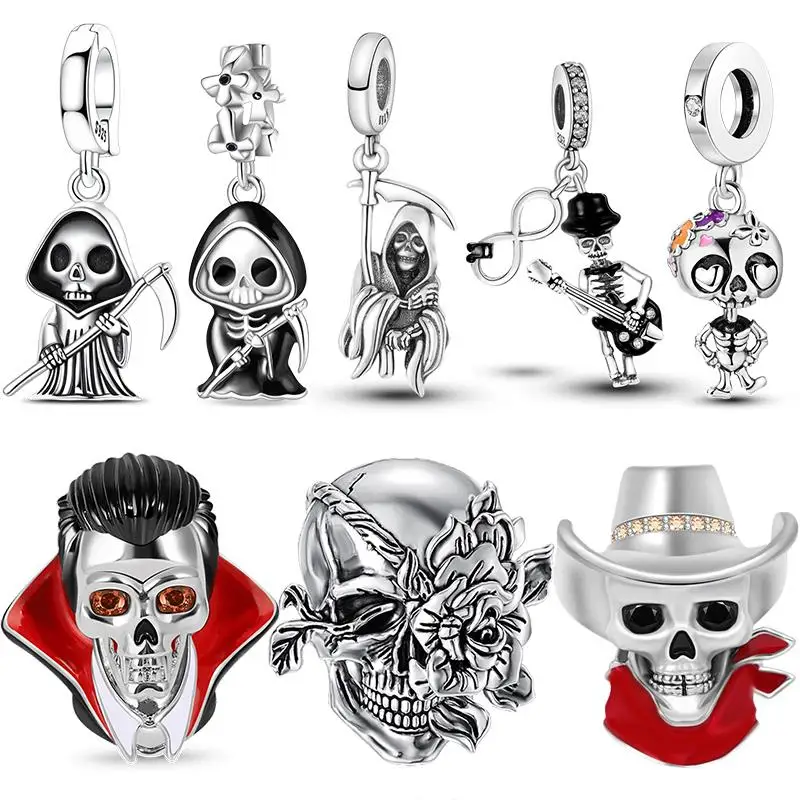 

Подвески-шармы из стерлингового серебра 925 пробы в виде скелета и Мрачного Жнеца для ожерелья, оригинального браслета, подарки на день рождения для женщин, сюрприз