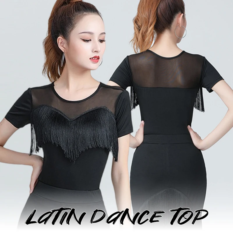 

Latin Dance Female Adult Tops 2024 Four Seasons New High-End Slim Short-Sleeved Irregular Tassel Skirt Practice Clothes