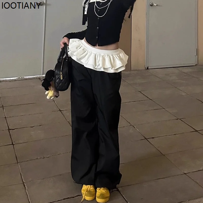 Y2k Black Retro Women's Cake Skirt Cute Girls Patchwork Harajuku Korean Style Sports Pants Wide Leg Loose Trousers Youth 2025