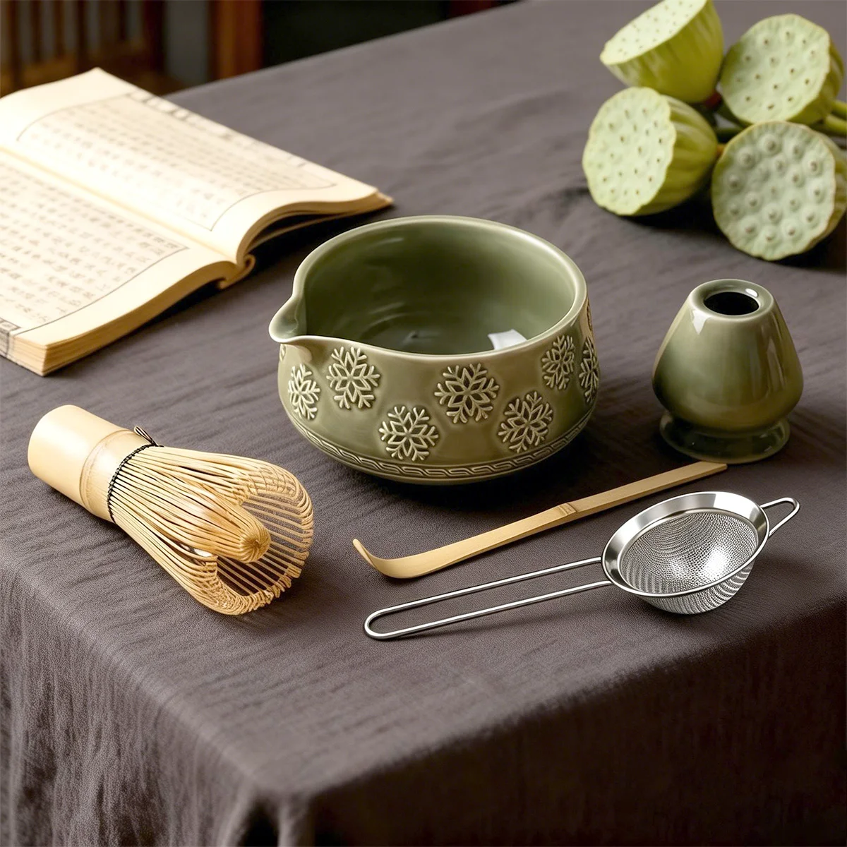 Juego de Batidor de Matcha - Set de Matcha de 5 Piezas con Diseño de Copo de Nieve, Incluye Chawan de 18.5oz/550ml con Boquilla, Batidor de Bambú Chasen con Soporte de Cerámica