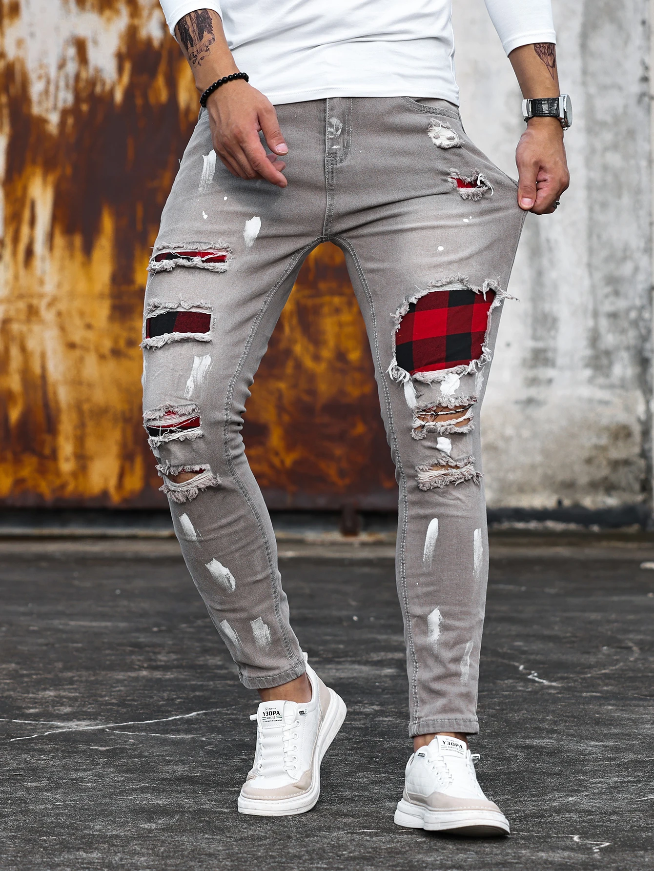 New 2025 Jeans Pencil Pants Holes Distressed Men Streetwear Denims Patchwork Slim Fit Washed Denim Ankle Length Trousers
