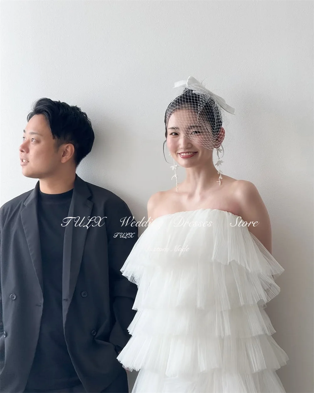 TULX Elegant Tulle Wedding Photo Shoot Dress Strapless Korea Bridal Gowns Luxury A line Long Tiered Corset 웨딩드레스 Customized 2025