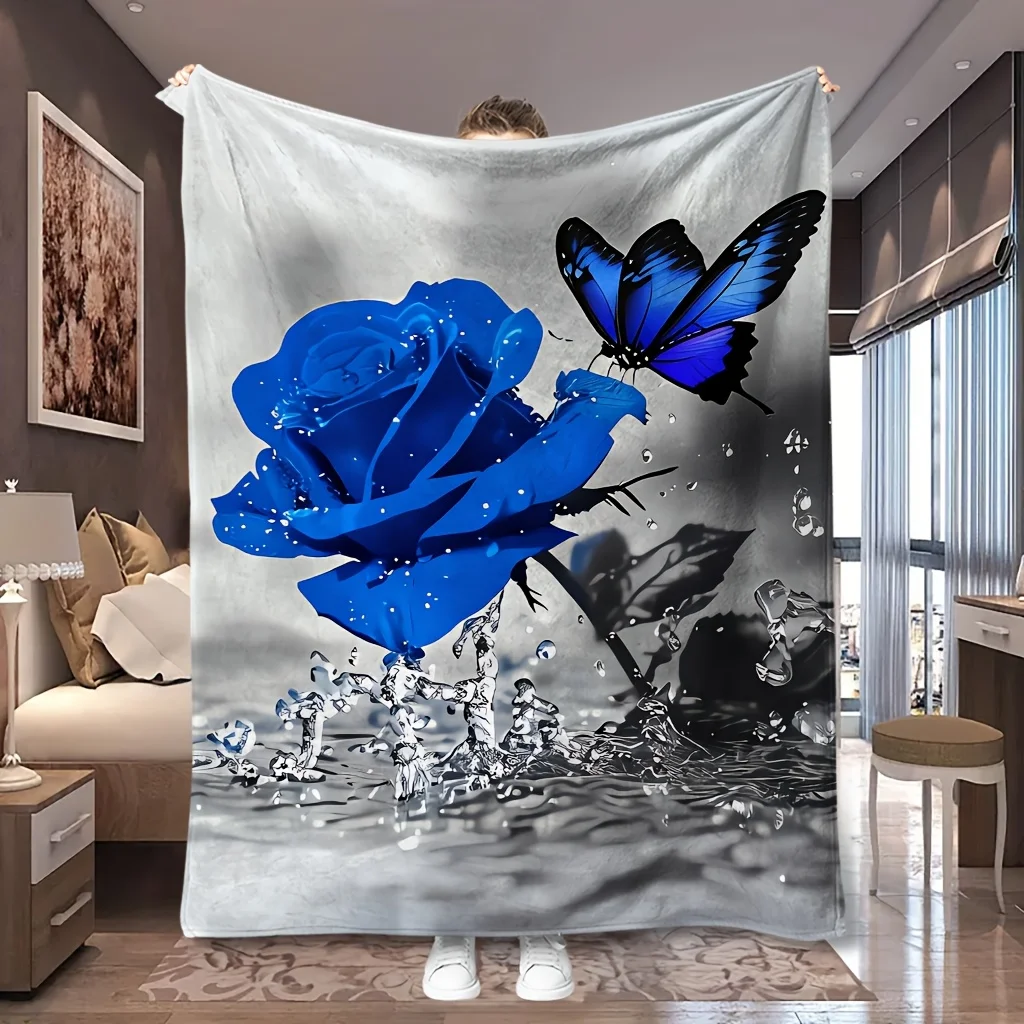 1pc Blue Rose Butterfly Ink Print Flannel Blanket, Comfortable And Practical, Suitable for Blankets, Bed Covers, Dormitory, Camp