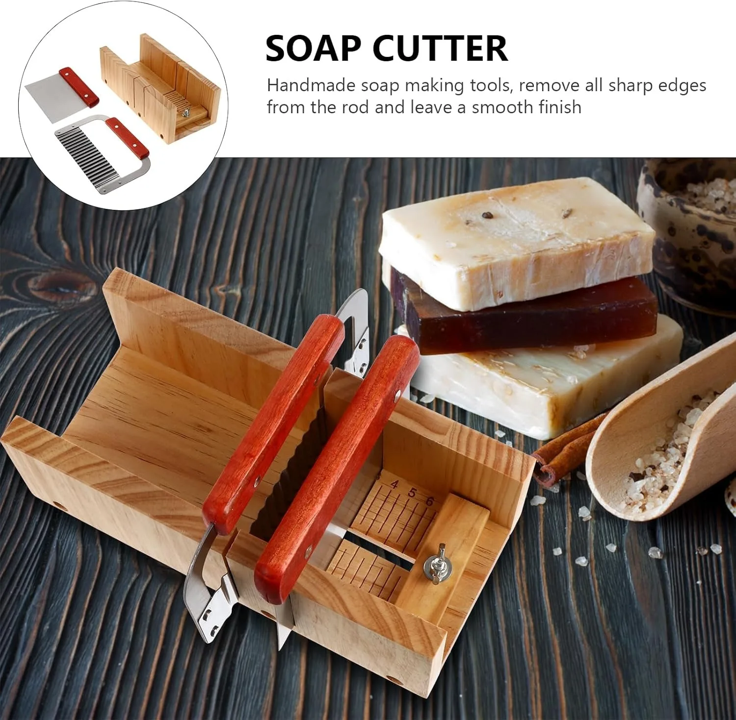 Silicone Soap Molds Kit 42 oz Wooden Soap Cutter with Stainless Steel Wavy Straight Scraper DIY make Multi-Function Adjustable