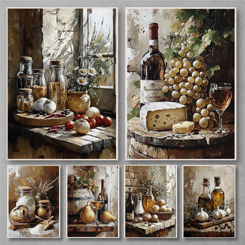 （2D Canvas painting） Bread and Flour Print Country Kitchen Still Life Wall Art Rustic Food Oil Painting Antique Printable Dec
