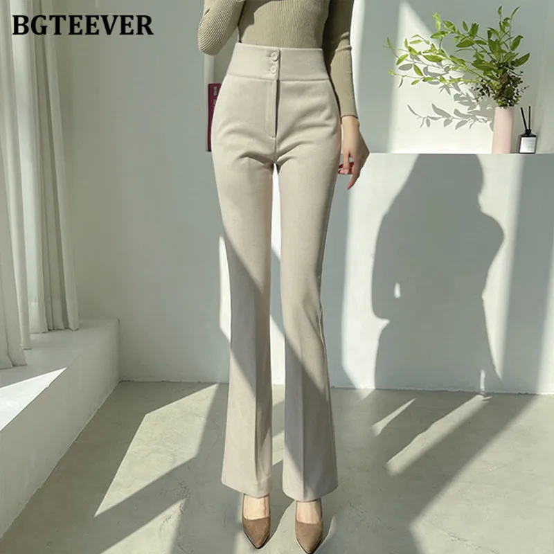 BGTEEVER Stylish High Waist Thick Ladies Flare Pants Double-buttons Autumn Winter Warm Women Woolen Pants