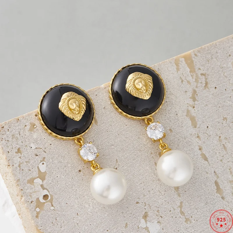 

S925 Sterling Silver Studs Earrings for Women New Fashion Contrast Colored Lion Head Agate Pearl Ear Studs Jewelry Wholesale