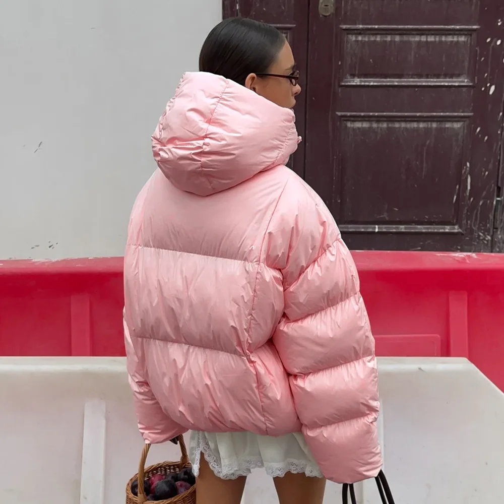 Rosa Baumwolljacke mit Kapuze, 2025, Winter, neue verdickte Pufferjacke, warme Baumwolljacke