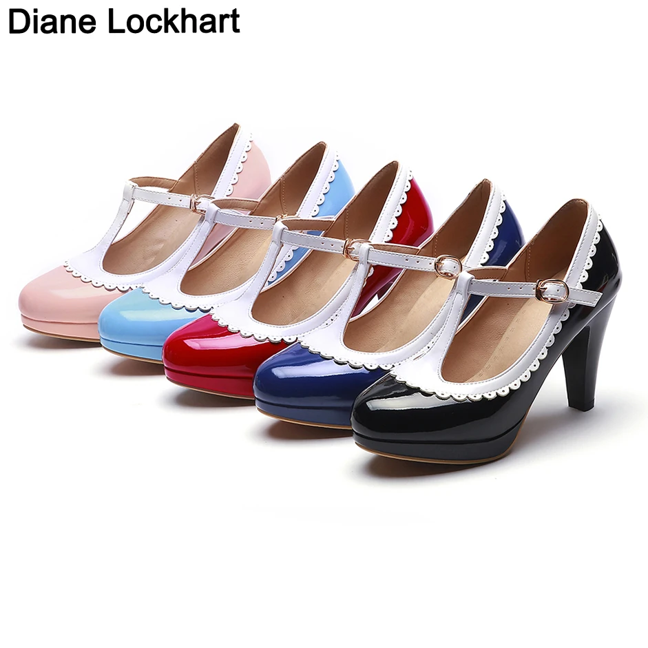 Vintage T Strap Mary Janes Shoes For Women Blue Patent Leather Pumps Female platform Heels Ladies Footwear Sandalias De Mujer