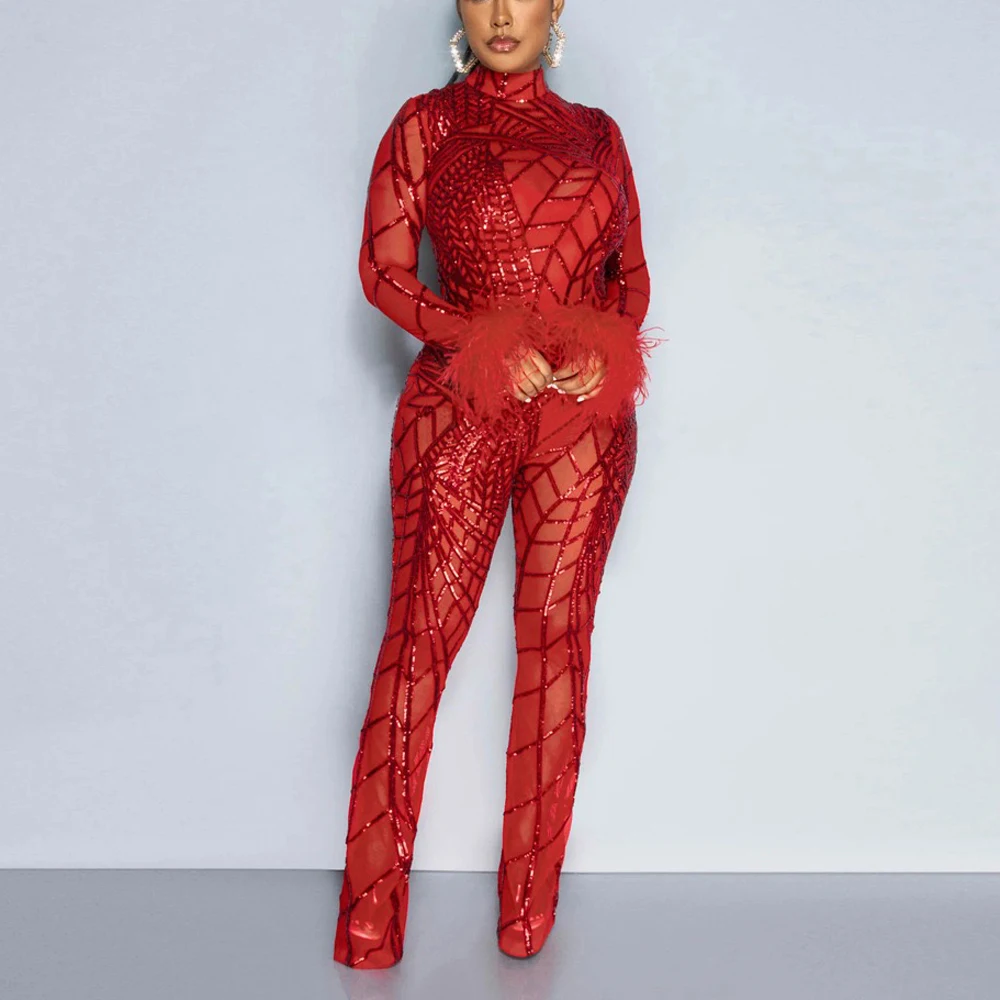 

Sexy Sequined Jumpsuits & Rompers for Women Round Neck Full Sleeve High Waisted Elegant Birthday Party Dinner Overalls Outfits