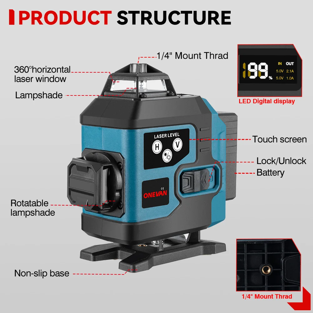 ONEVAN Cordless 16 Lines 4D Laser Level Self-Leveling 360 Horizontal And Vertical Cross Super Powerful Green Laser Level