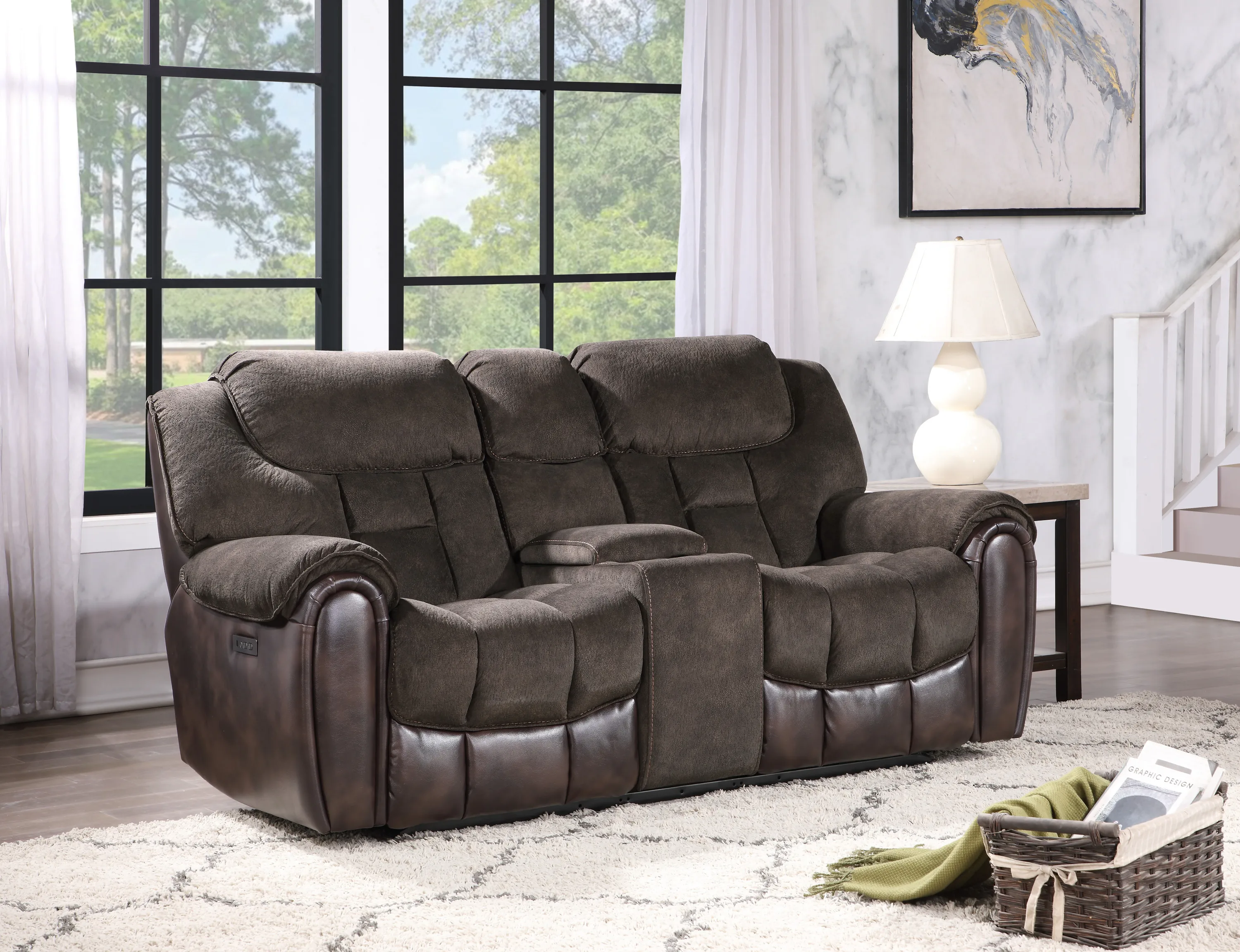 Easy-care Loveseat with Pleated Back - Ultra-Plush Fabric, Leatherette - Multi-Function Drop-Down Console, Pop-Up Charging Stati