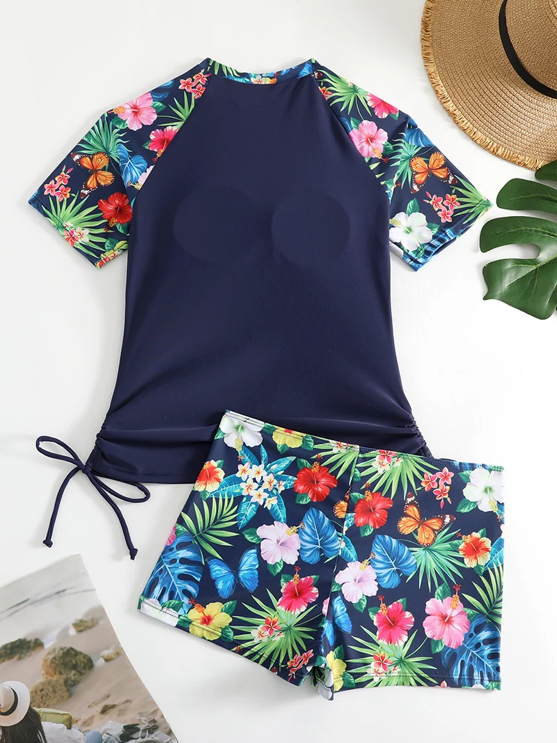 Tropical Plant Print Drawstring 2 Piece Set Rush Guard Tankini Short Sleeve Crew Neck Stretchy Sun Protection Patchwork Swimsuit image 6