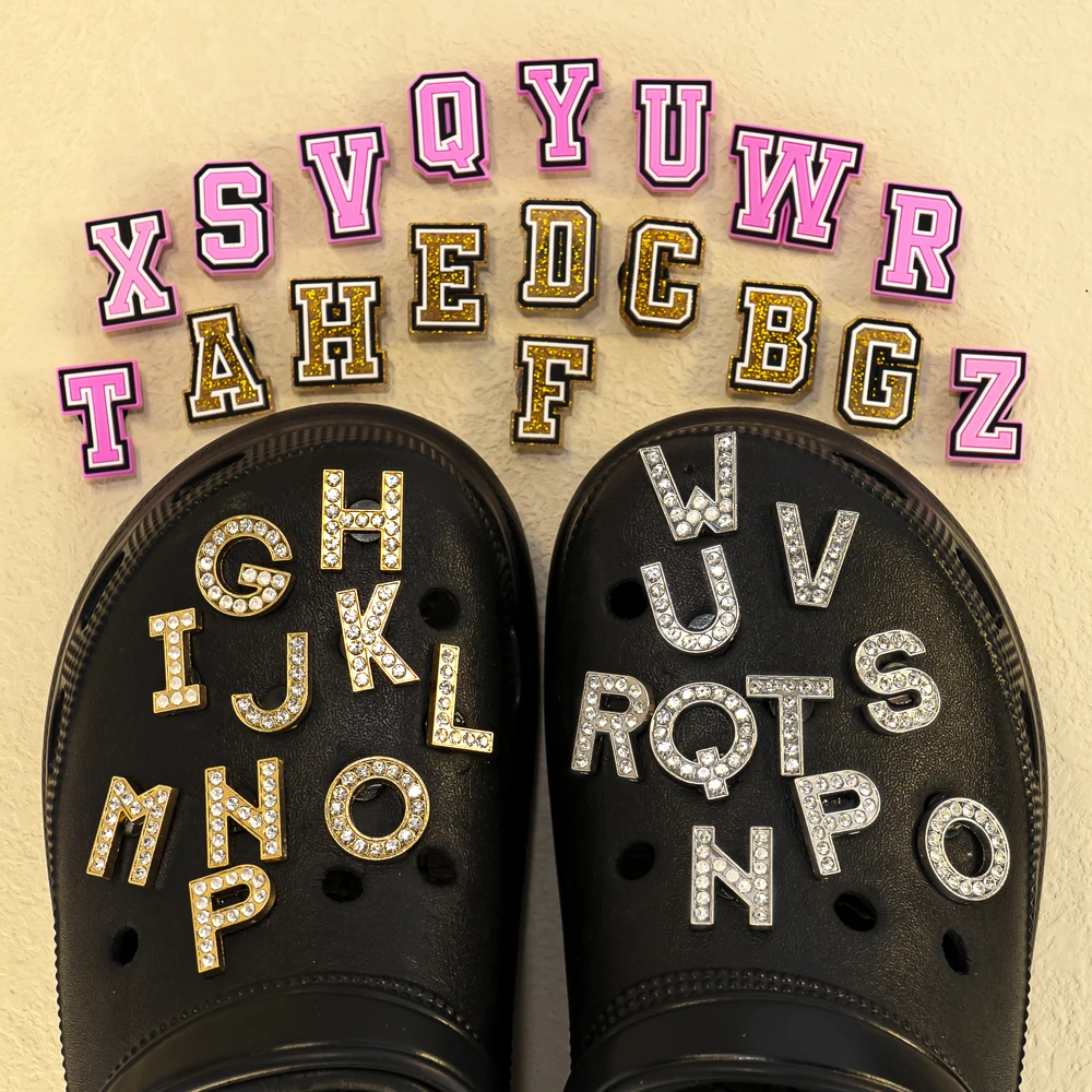 26pcs PVC Pink Luminous Metal Letter Shoe Charms Alphabet Shoe Decorations Pins for Women Men Kid Men Women Accessories DIY Gift