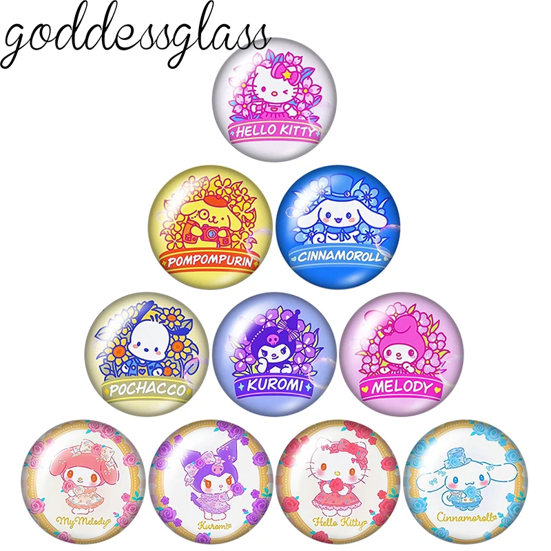 Hello Kitty und Freunde Pochacco ‌   Melody 10 Stück 12 mm/18 mm/20 mm Fotoglas-Cabochons mit flacher Rückseite zur Herstellung von Schlüsselanhänger-Schmuck