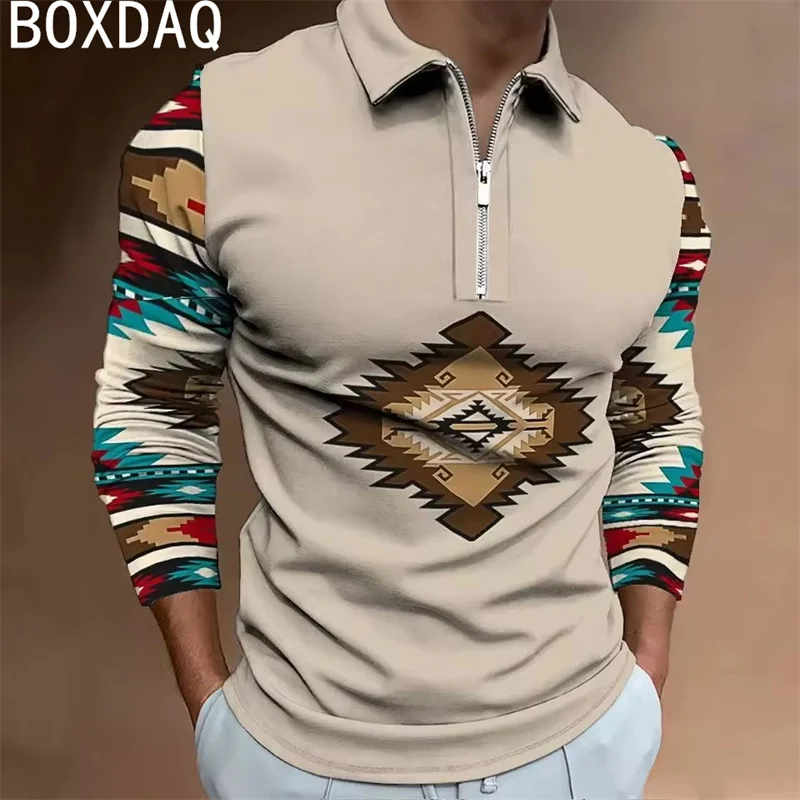 Spring&Summer New Men's Ethnic Style Printed Spliced Polo Shirt Oversized Men Long Sleeve Turn-Down Collar Business Casual Polos