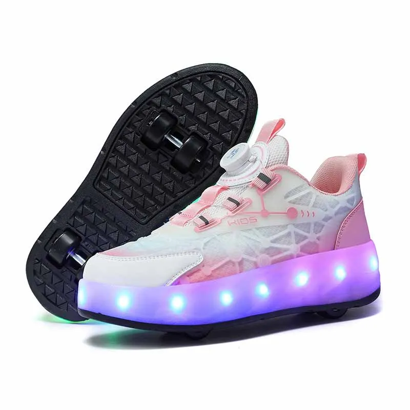 Kids 4 Wheel Roller Skate Shoes Women Man Telescopic Deformation Shoes Lights Up LED Girl Boy Adjustable Rolling Skates Sneakers