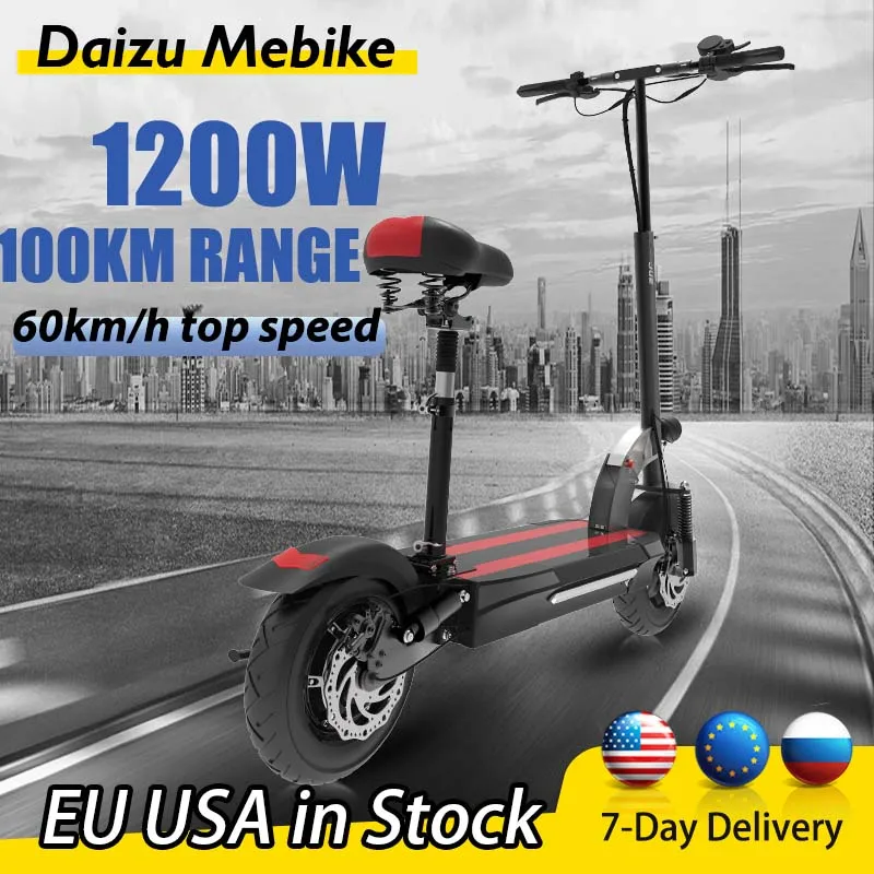 

100KM Distance Electric Scooter 1200W 48V Motor 60KM/H Electric Scooters with Seat 10'' Wheel Foldable E Scooters USA Stock