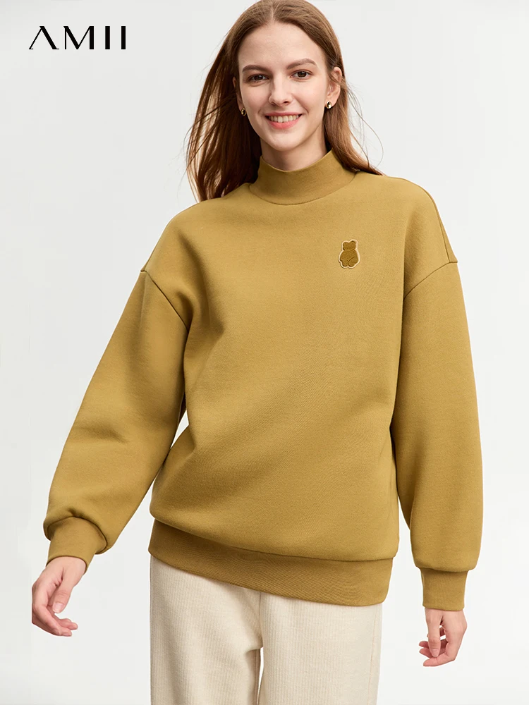 Felpe con cappuccio invernali sportive minimaliste AMII per le donne 2023 nuova camicia con fondo allentato ricamo orso Pullover accogliente in pile