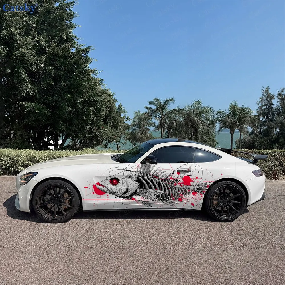 

2pcs Splatter Red-Eye Fishbone Car Side Wraps, Self-Adhesive PVC Waterproof & Scratch-Resistant Stickers, Car Accessory Gift