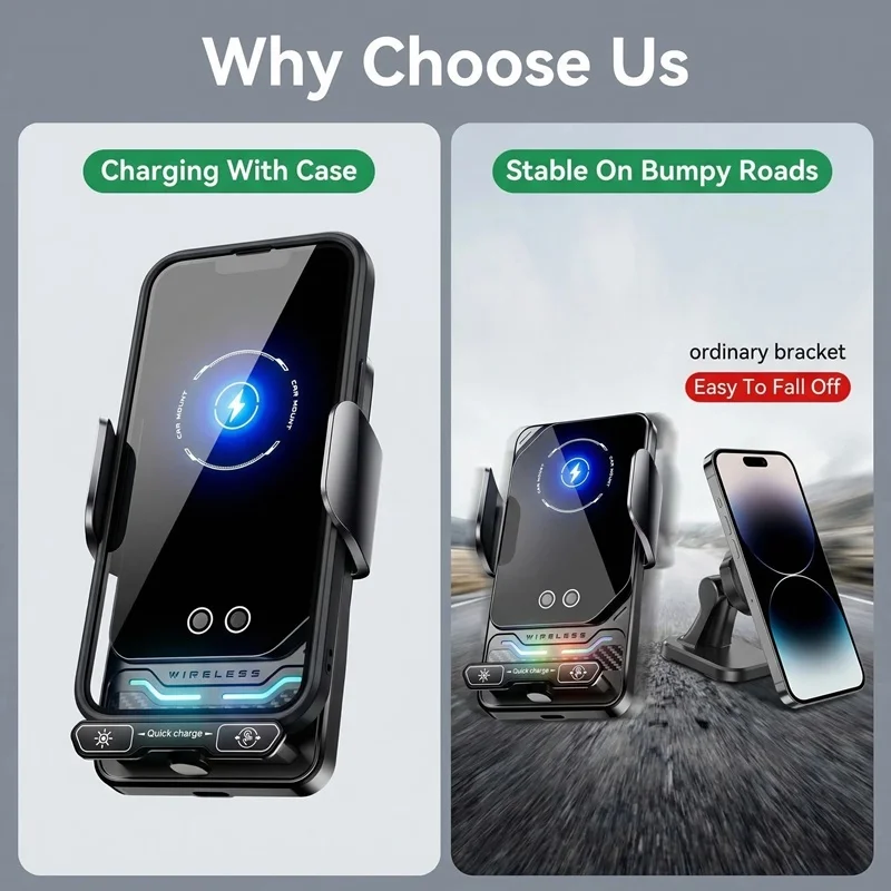 15W Universal Car Phone Wireless Charger Holder Auto-sensing Mount for Samsung S26 S25 S24 Iphone 17 16 15 14 13 12 11 Pro Max