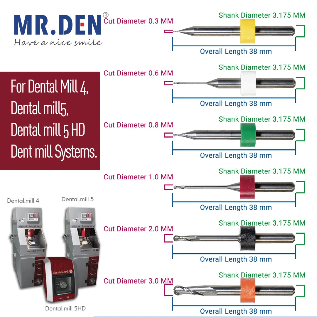 5pcs MR DEN Dental CAD CAM Milling Burs Diamond Coating for DentMill Systems for Dental lab Solution Center