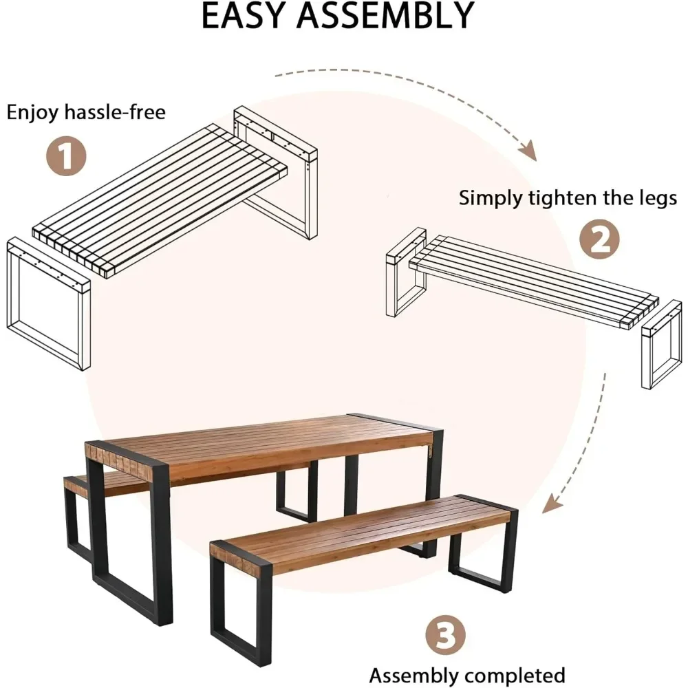 Acacia Wood Top & Steel Frame Porch Furniture Outdoor Garden Chairs Table With 2 Benches Patio Dining Unique Texture Natural