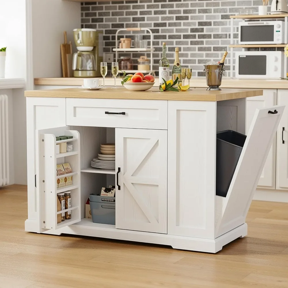

Kitchen Island with Storage, Rolling Island Table on Wheels with Cart Drop Leaf and Trash Can Storage, White and Natural