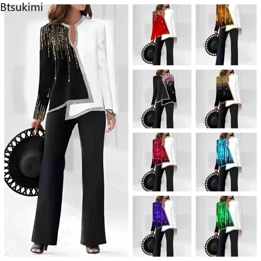 New 2025 Women's Casual Colorblock Long Sleeve Top and Wide Leg Pants Set 3D Print Femme Office Lady 2 Pieces Suit Set Outfits