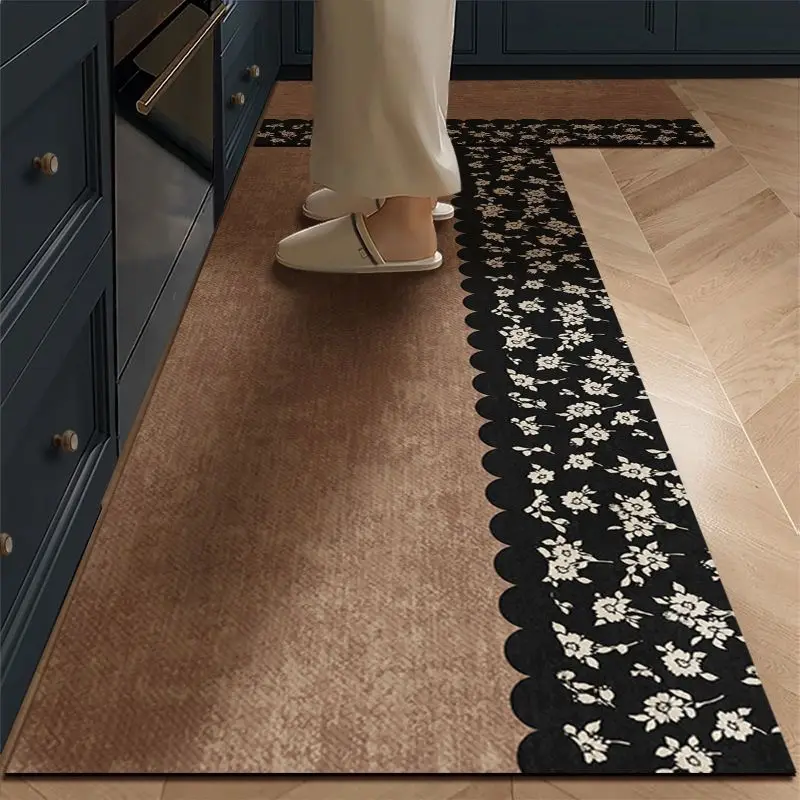 VIKAMA French Retro Minimalist Kitchen Mat, Oil Resistant Non Slip Splash Proof Cushioned Floor Mat for Counter Side Decor
