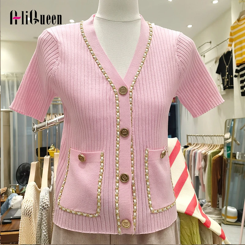 

Summer White Short Sleeve Single-breasted Chain Knitted Cardigans Women Thin V Neck Short Knitwear Tops Ladies Sweater Crop Top