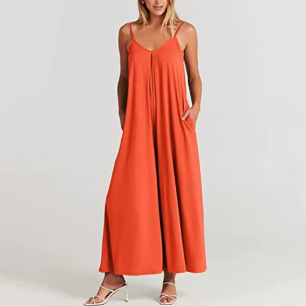 Summer Women Jumpsuit Loose Polyester Sling Solid Color Pocket Wide Leg Lady Jumpsuit Casual Non-fade Sleeveless Female Romper