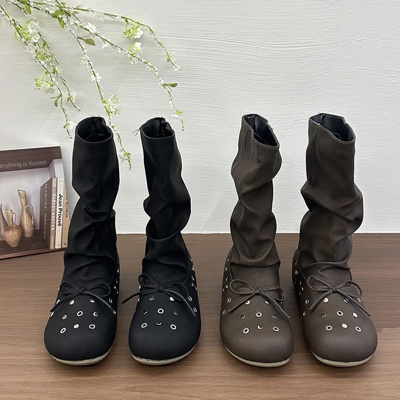 2026-novas-botas-de-tornozelo-estilo-coreano-retro-com-laco-de-bailarina-e-rebites-botas-curtas-versateis